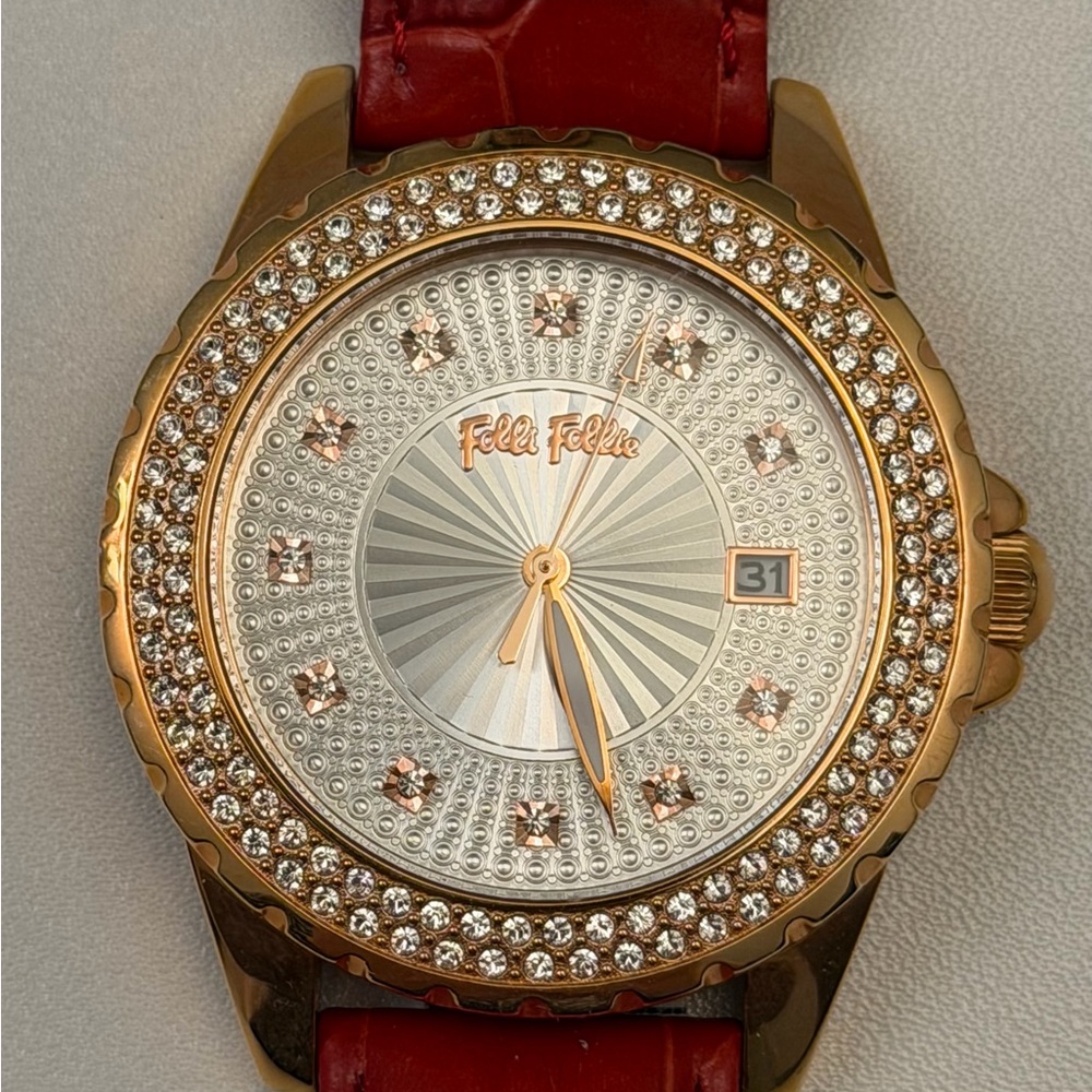 🌟HP🌟Folli Follie Crystal Bezel Women's Watch — Red Strap (Used 1 time only)